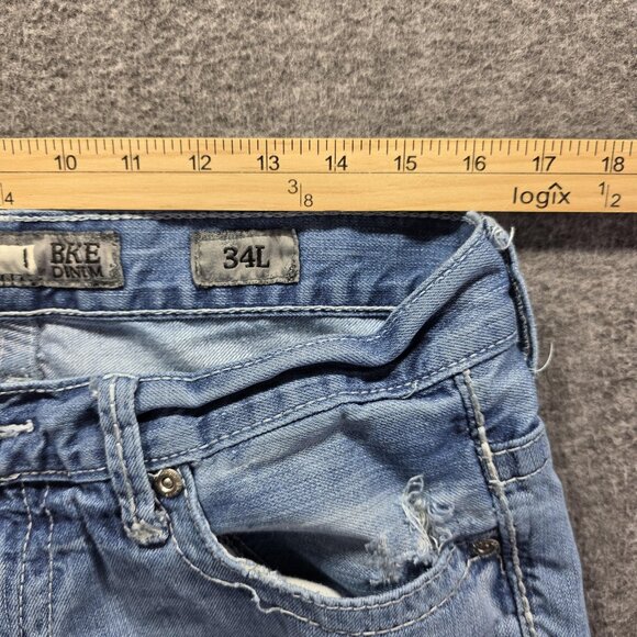 BKE Carter Jeans Mens 34L Blue Light Wash Distressed Straight Leg Patchwork - Picture 8 of 11